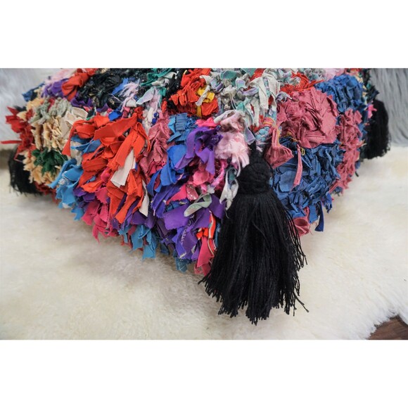 Vintage Berber Boucherouite Pouf: Moroccan Tassel Floor Pillow 03YS0028 - Picture 5 of 10